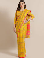 Saree Mall Mustard & Coral Checked Silk Cotton Sarees | Grocsy