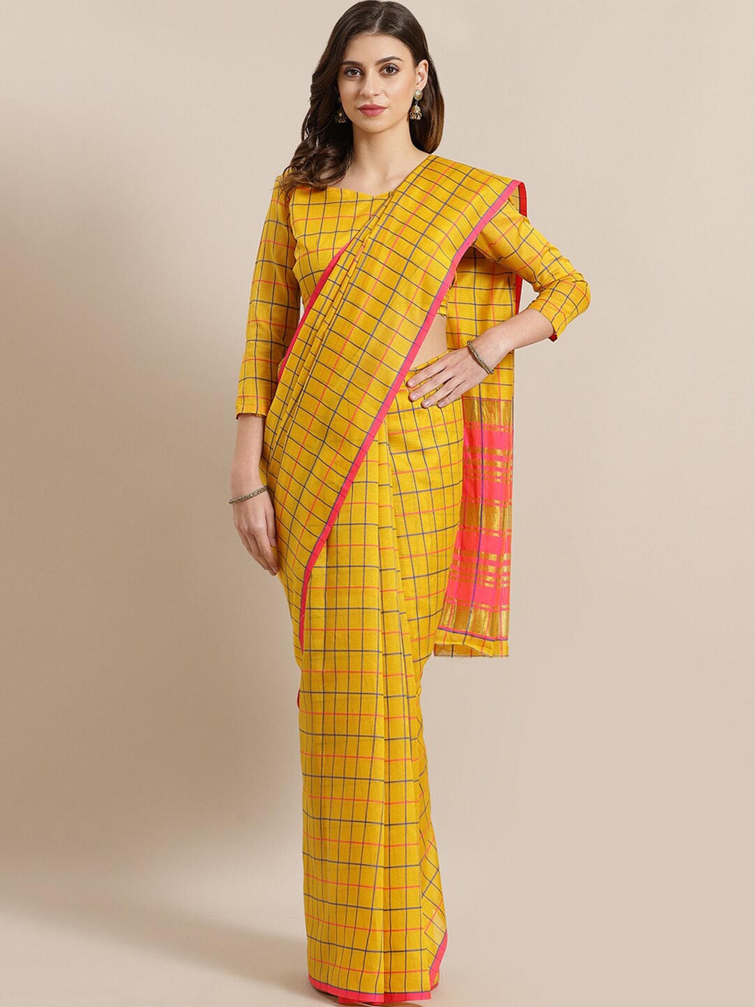 Saree Mall Mustard & Coral Checked Silk Cotton Sarees | Grocsy