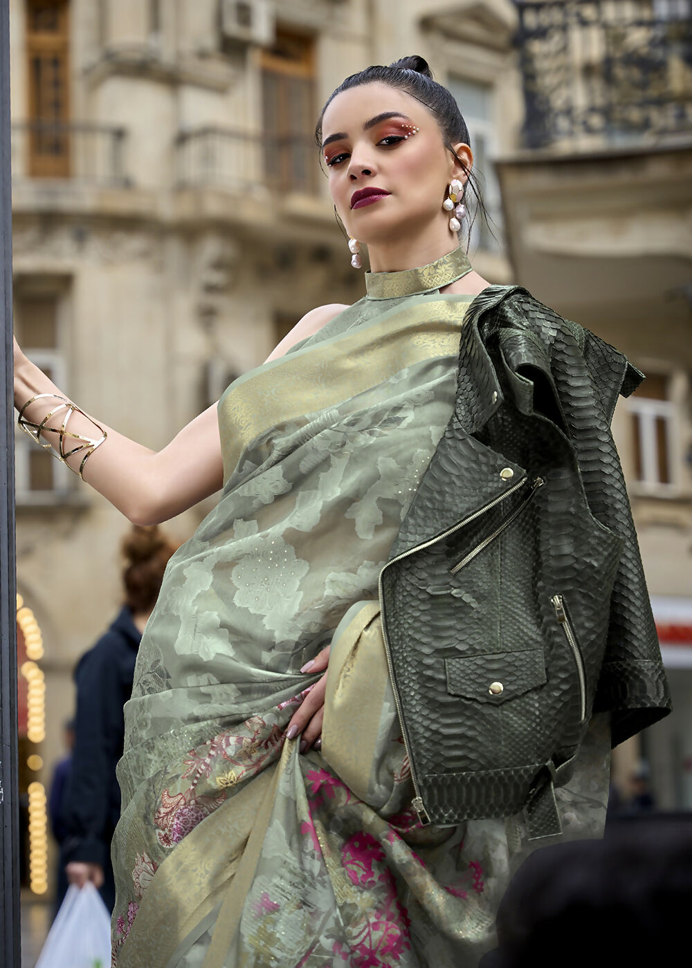 Lovely Pista Green Polly Brasso Designer Saree - Emponline | Grocsy