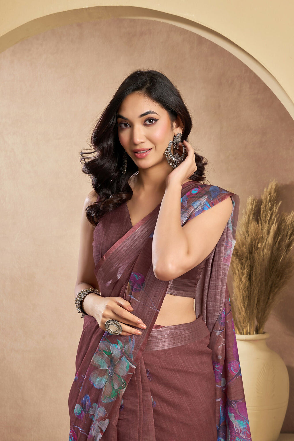 Vastranavya Coffee Digital Printed Linen Ready To Wear Designer Saree with Unstitched Blouse | Grocsy