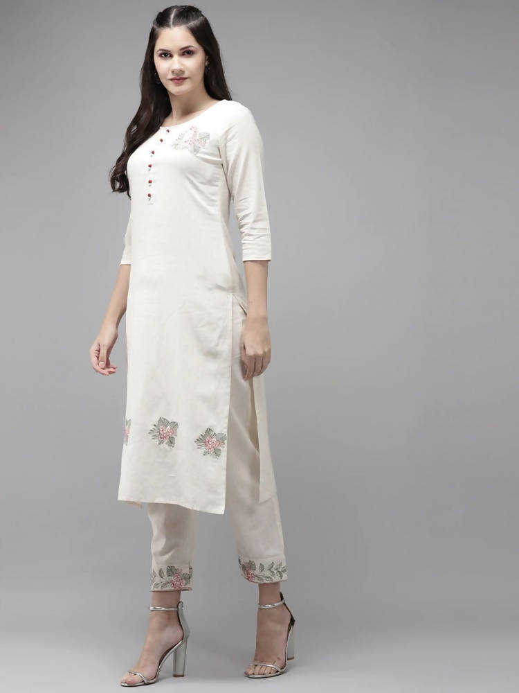 Yufta Women White Ethnic Motifs Printed Thread Work Kurta with Trouser & With Dupatta | Grocsy