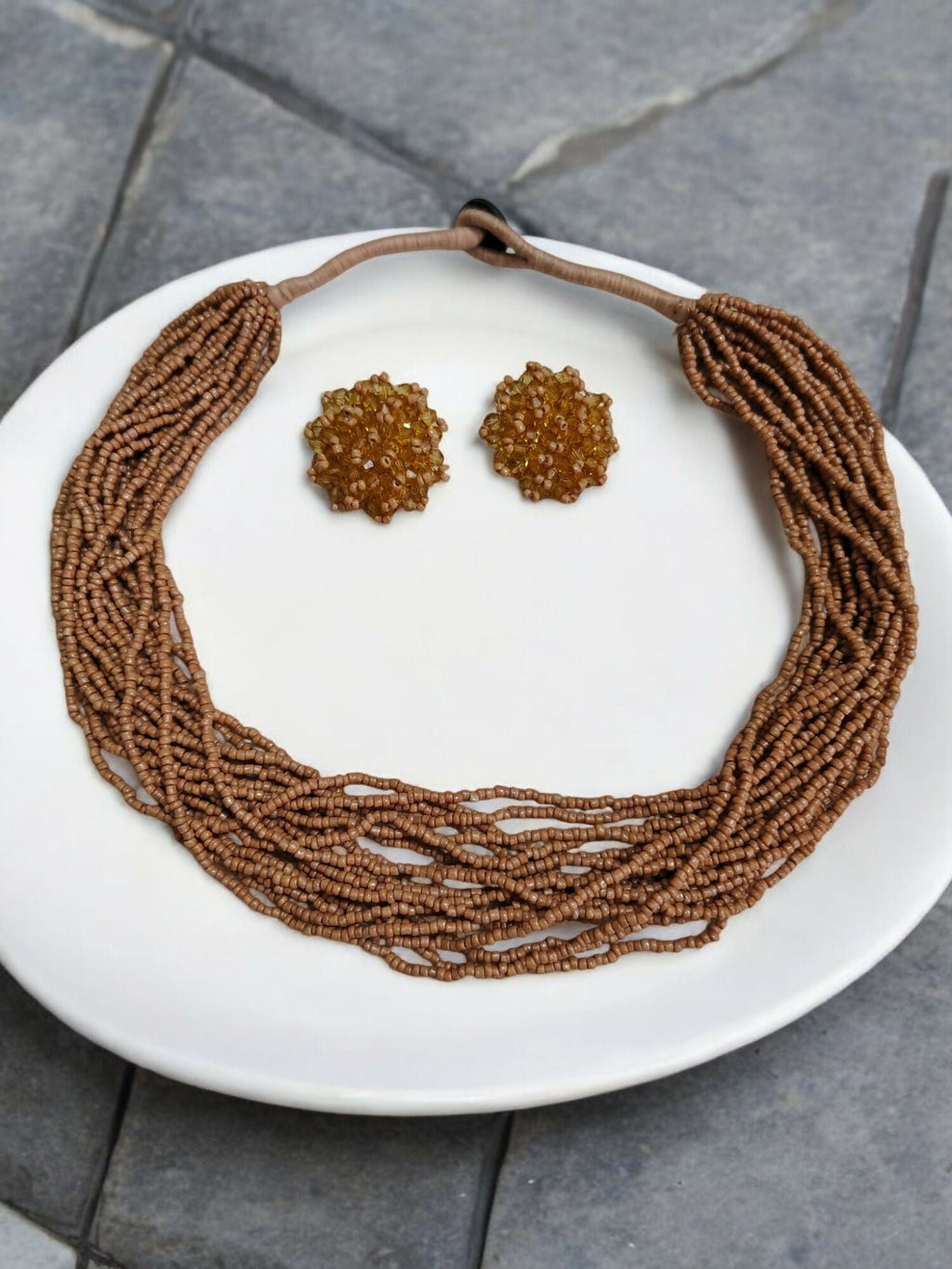 Inhanns Vibrant Handmade 20 Layers Beaded Necklace With Matching Earrings - Sandalwood | Grocsy