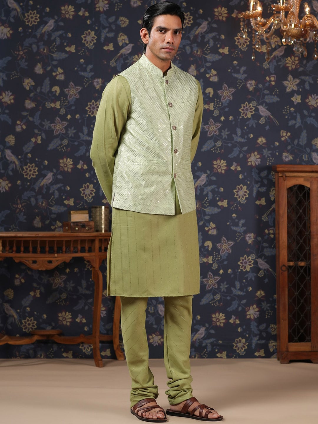 House of Pataudi Straight Kurta With Pyjamas & Embroidered Sequin Work Nehru Jacket | Grocsy