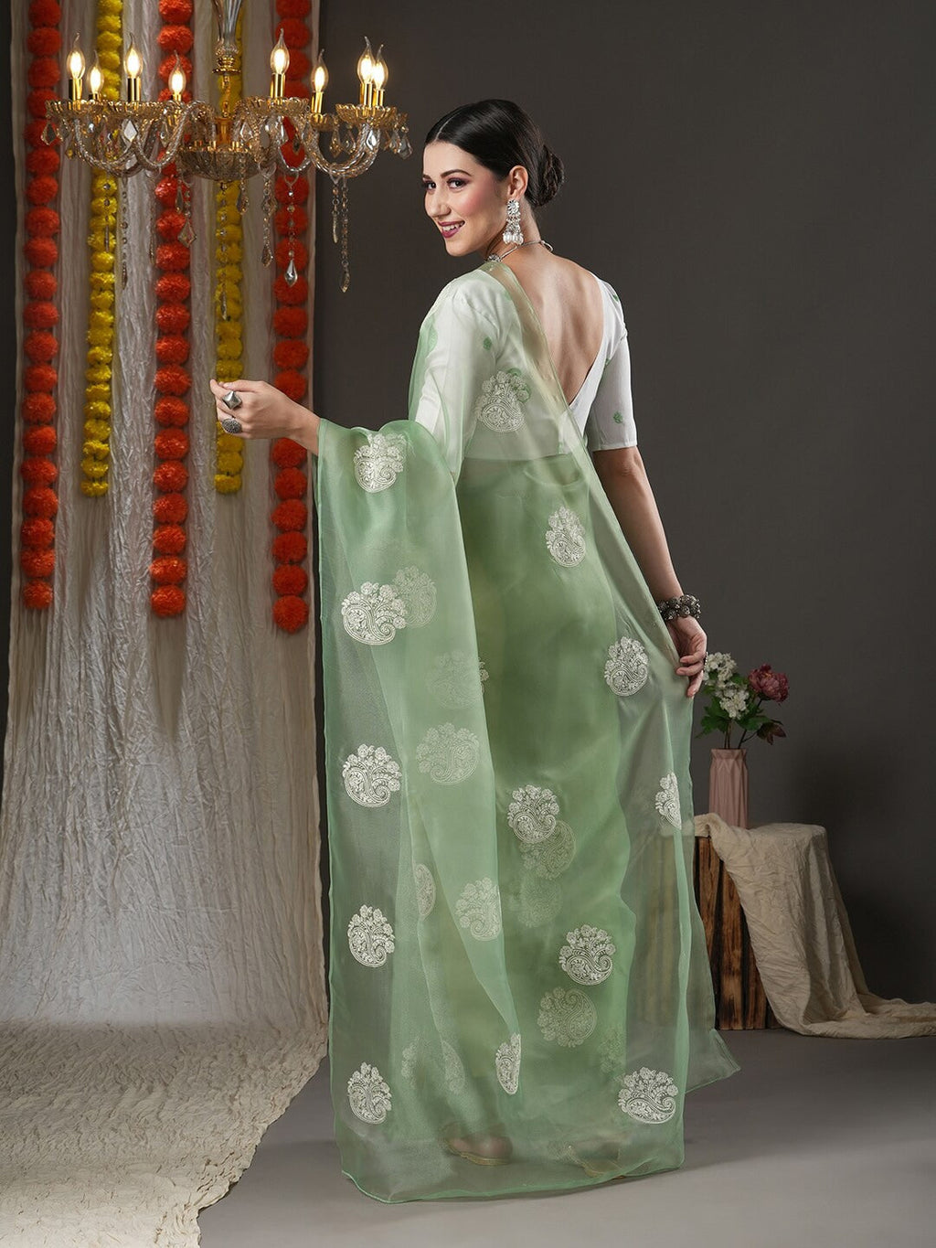 Saree Mall Olive Green & White Paisley Embroidered Organza Banarasi Sarees | Grocsy