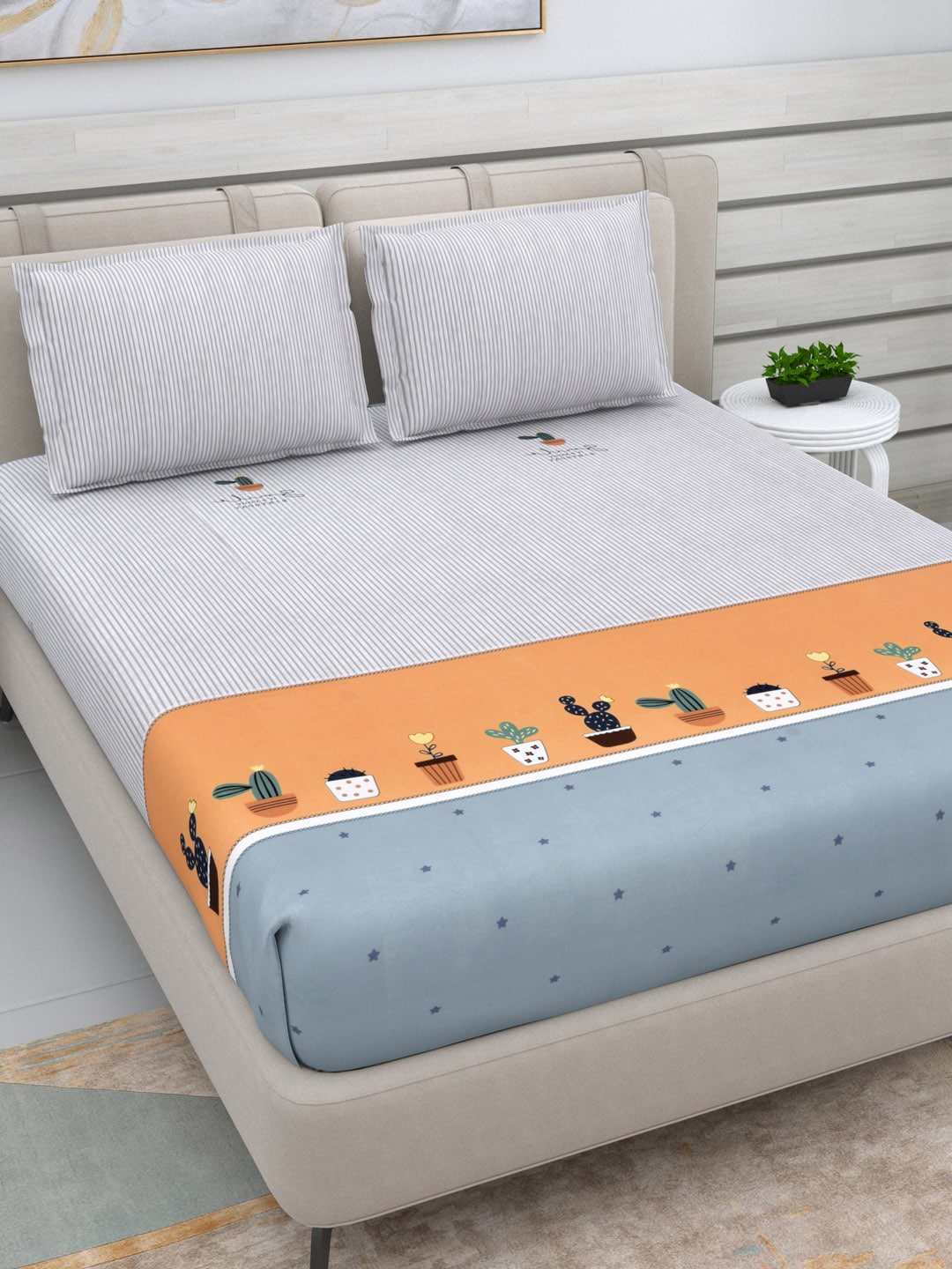 DREAM WEAVERZ White & Peach-Coloured Striped Glazed Cotton 220 TC King Bedsheet with 2 Pillow Covers | Grocsy