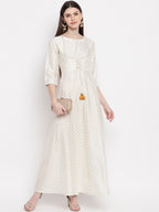 Janasya Women Off White & Gold-Toned Geometric Printed Anarkali Kurta | Grocsy