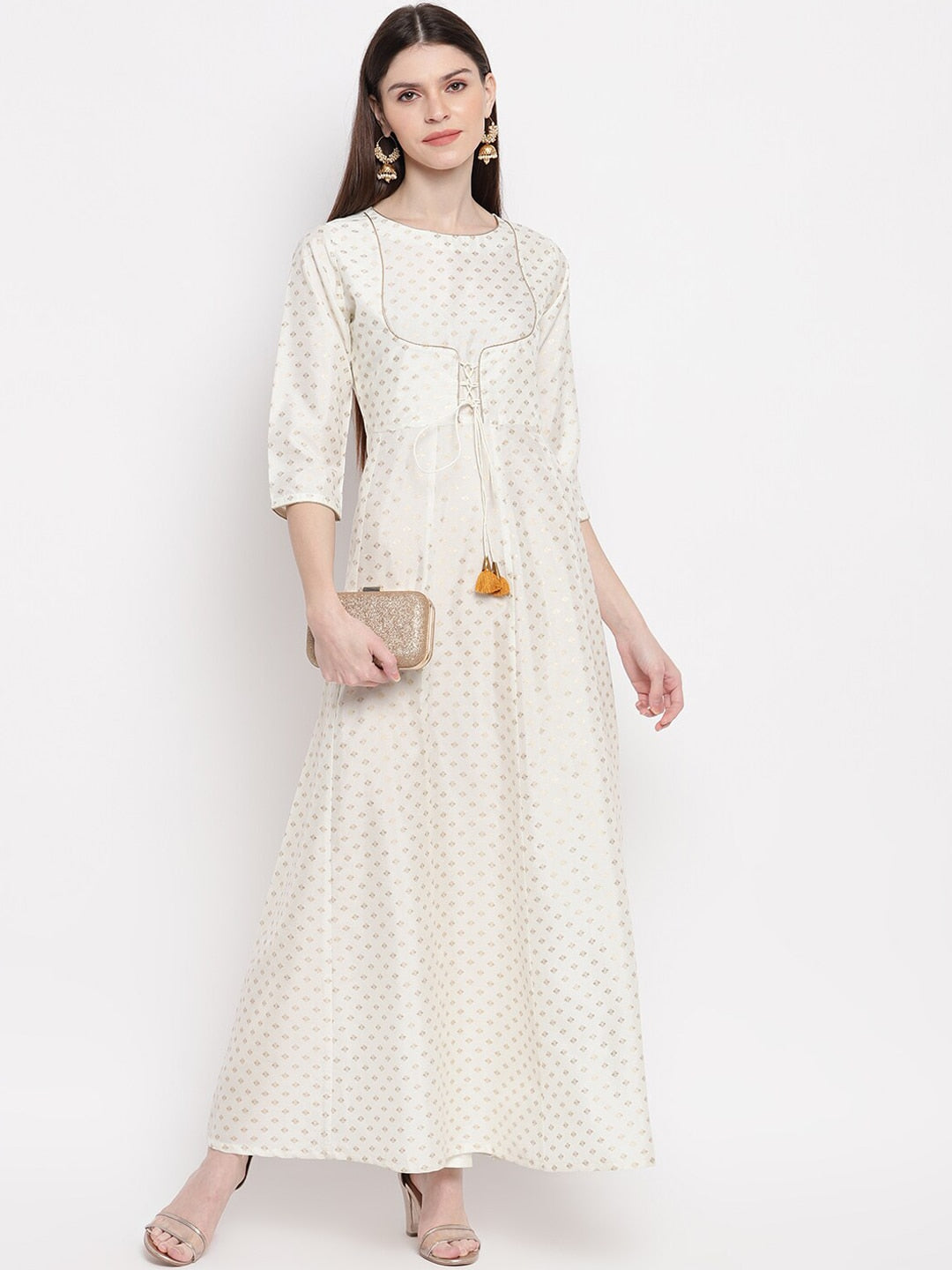 Janasya Women Off White & Gold-Toned Geometric Printed Anarkali Kurta | Grocsy