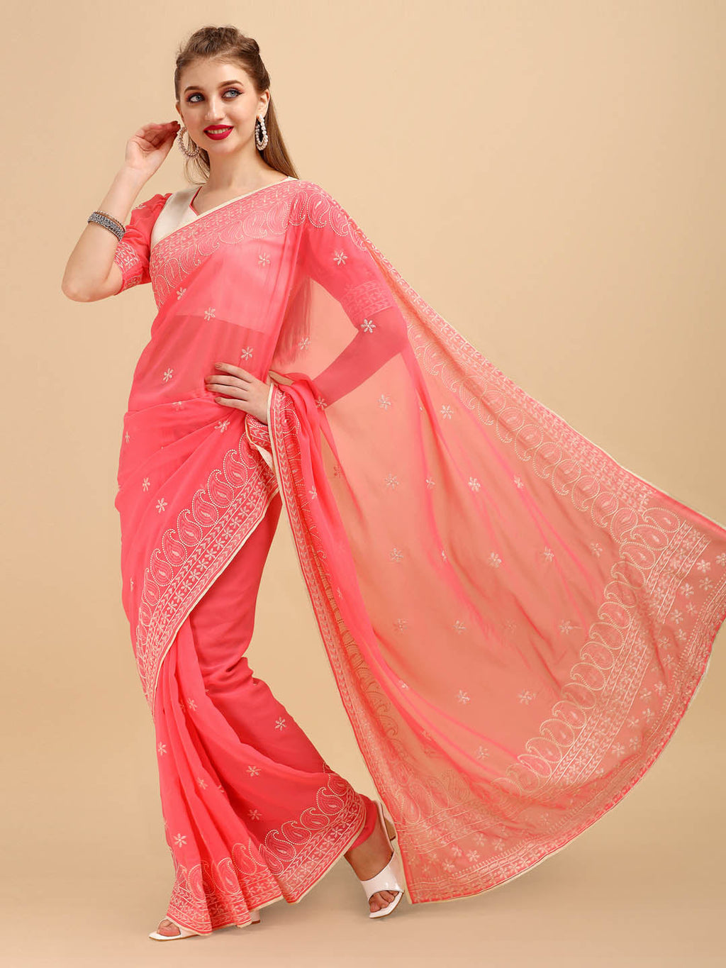 Sangria Rose & Gold-Toned Floral Chikankari Silk Blend Saree | Grocsy