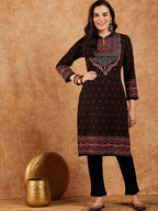 Sangria Floral Printed Mandarin Collar Winter Kurta & Trousers | Grocsy