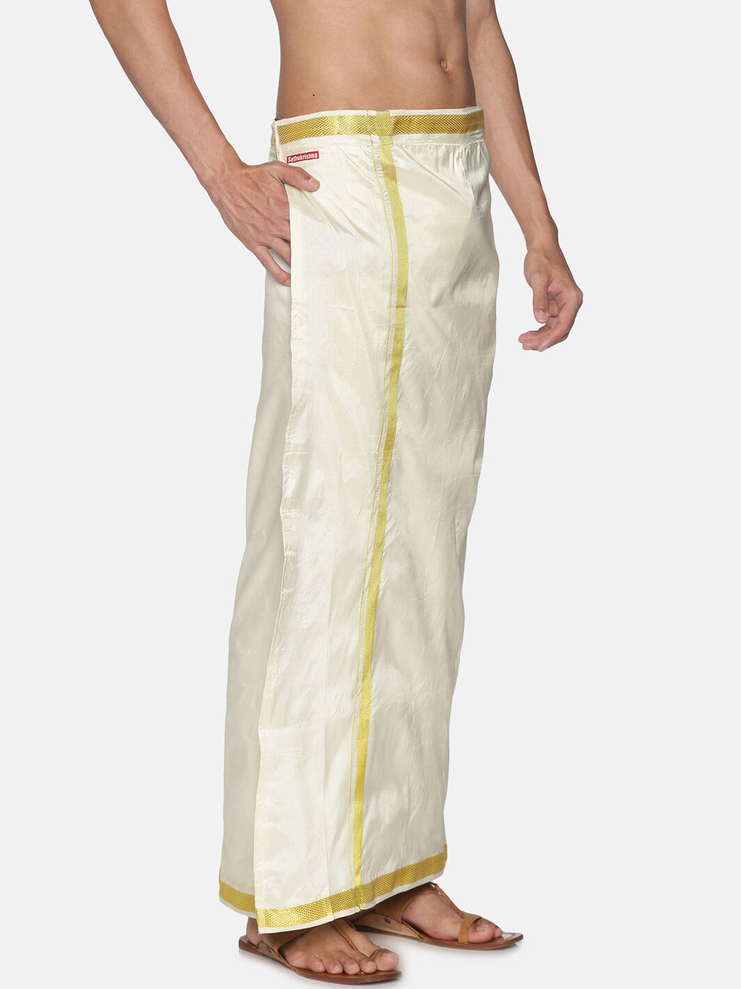 Sethukrishna Men Cream-Coloured Solid Readymade Dhoti | Grocsy