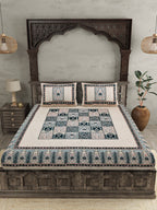 JAIPUR FABRIC Beige & Green Ethnic Motifs Cotton 210 TC Queen Bedsheet & 2 Pillow Covers | Grocsy