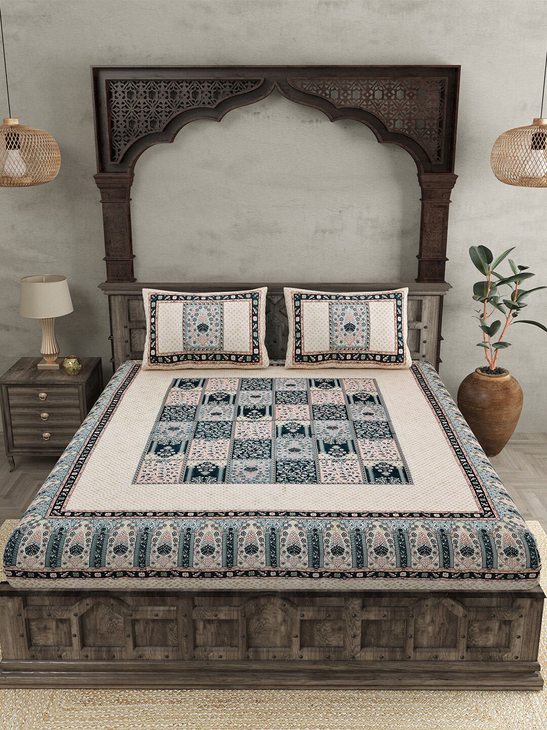 JAIPUR FABRIC Beige & Green Ethnic Motifs Cotton 210 TC Queen Bedsheet & 2 Pillow Covers | Grocsy