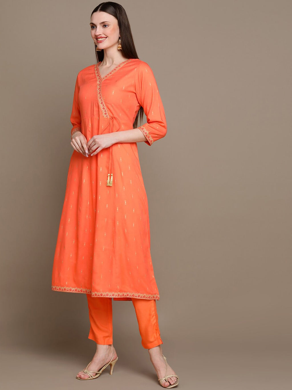 HERE&NOW Ethnic Motifs Printed Thread Work Angrakha Kurta with Palazzos & Dupatta | Grocsy