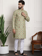 Sojanya Men Green Printed Cotton Linen Kurta with Churidar | Grocsy