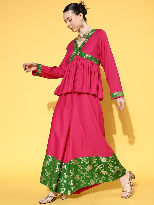 InWeave Women's Fuchsia Green Brocade Mughal Shaan Kurta Palazzo Set | Grocsy