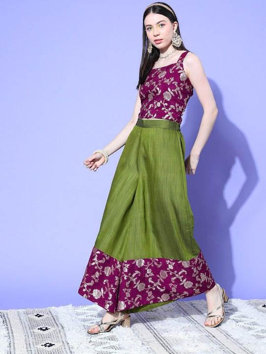 InWeave Women's Wine Brocade Strappy Top W Olive Wine Brocade Palazzo Set | Grocsy