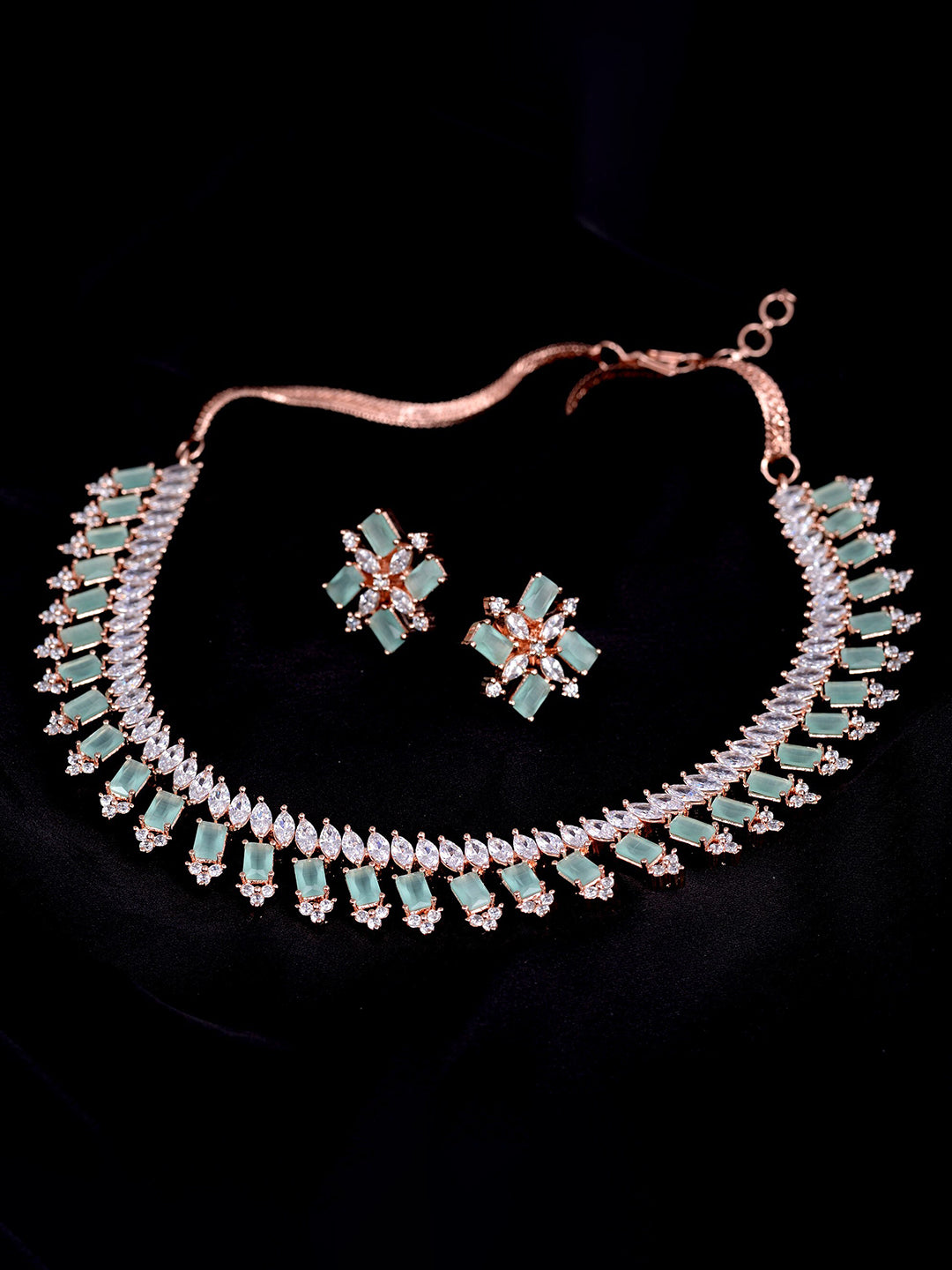 Saraf RS Jewellery Sea Green & Rose Gold-Polished American Diamond Studded Jewellery Set | Grocsy