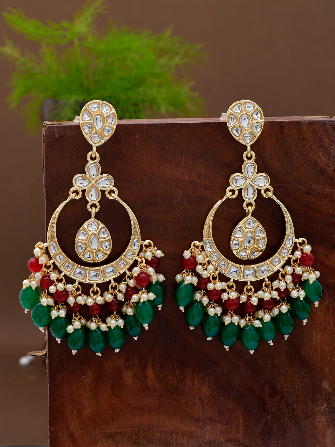 Shoshaa Green Contemporary Kundan Chandbalis Earrings | Grocsy