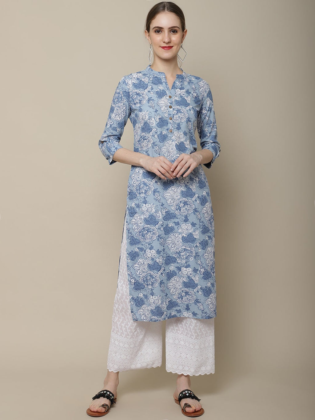 Sangria Women Blue & White Cotton Floral Printed Kurta | Grocsy