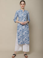 Sangria Women Blue & White Cotton Floral Printed Kurta | Grocsy