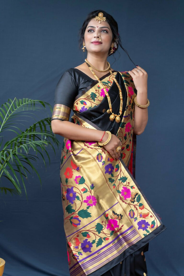 Jyoti Fashion Women's Black Paithani Silk Zari Woven Saree with Blouse | Grocsy