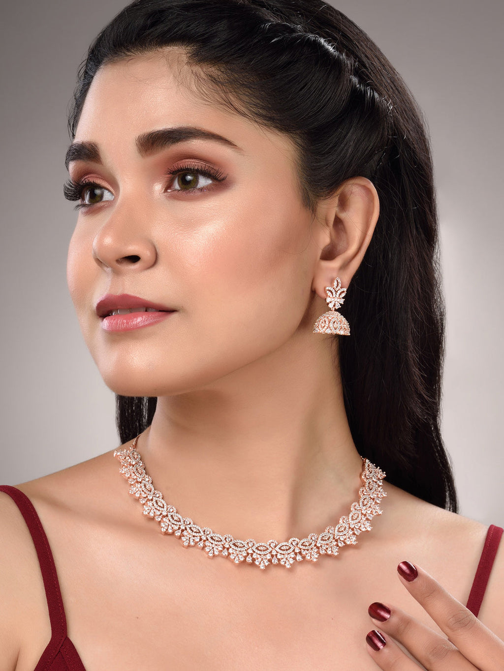 Saraf RS Jewellery Rose Gold-Polished & White AD & CZ-Studded Contemporary Jewellery Set | Grocsy