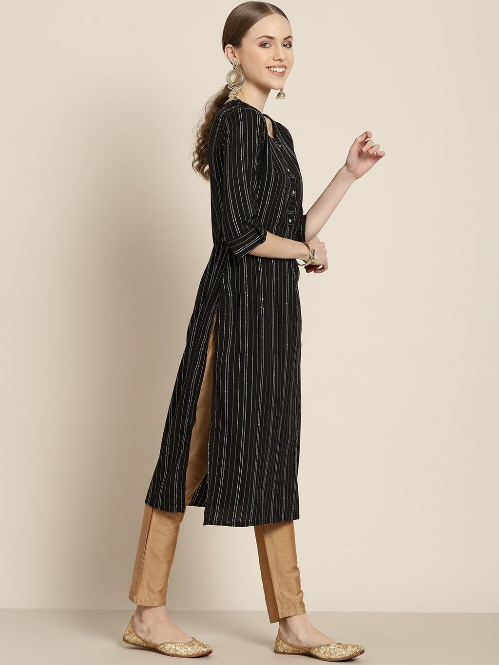 Sangria Women Black & White Striped Sequin Detail Kurta | Grocsy