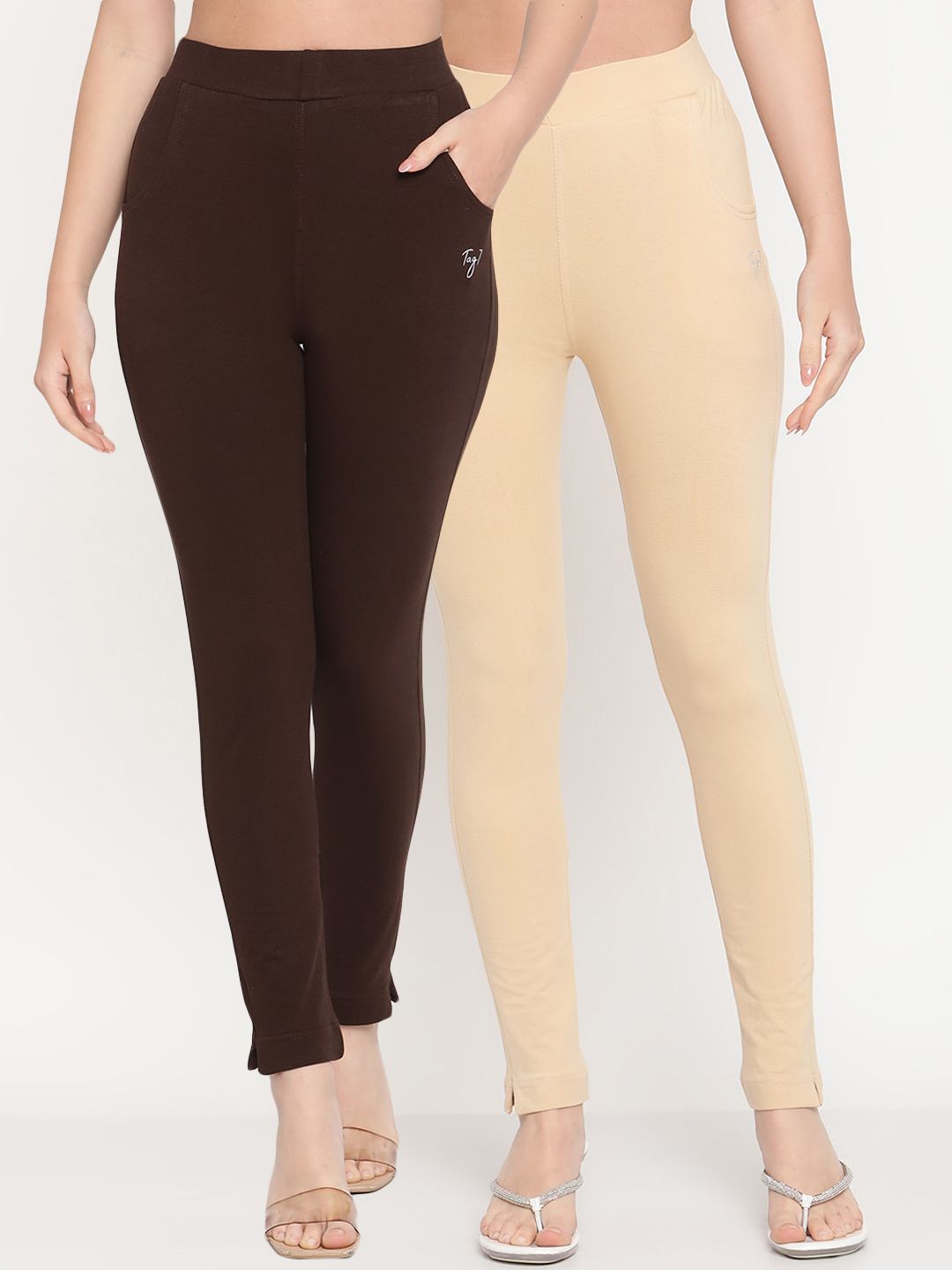 TAG 7 Women Pack of 2 Beige & Brown Solid Kurti Pants | Grocsy