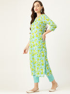 Sangria Women Blue & Yellow Floral Printed Pure Cotton Kurta with Trousers | Grocsy
