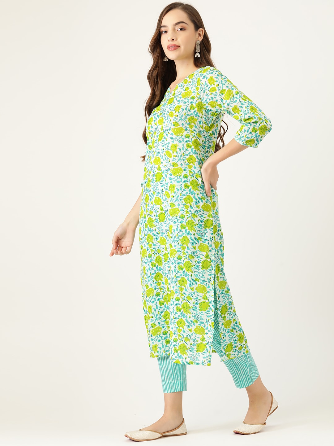 Sangria Women Blue & Yellow Floral Printed Pure Cotton Kurta with Trousers | Grocsy