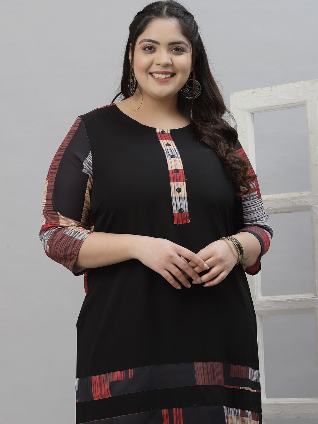 Sztori Black & Red Ethnic Motifs Printed Crepe A-Line Kurta | Grocsy