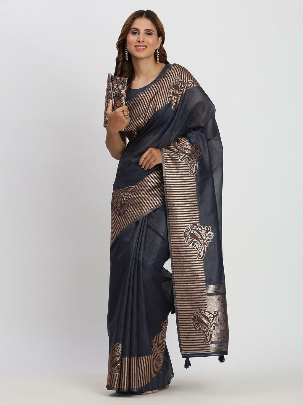 Shree Shyam Fashion Linen Cotton Navy Blue Saree | Grocsy