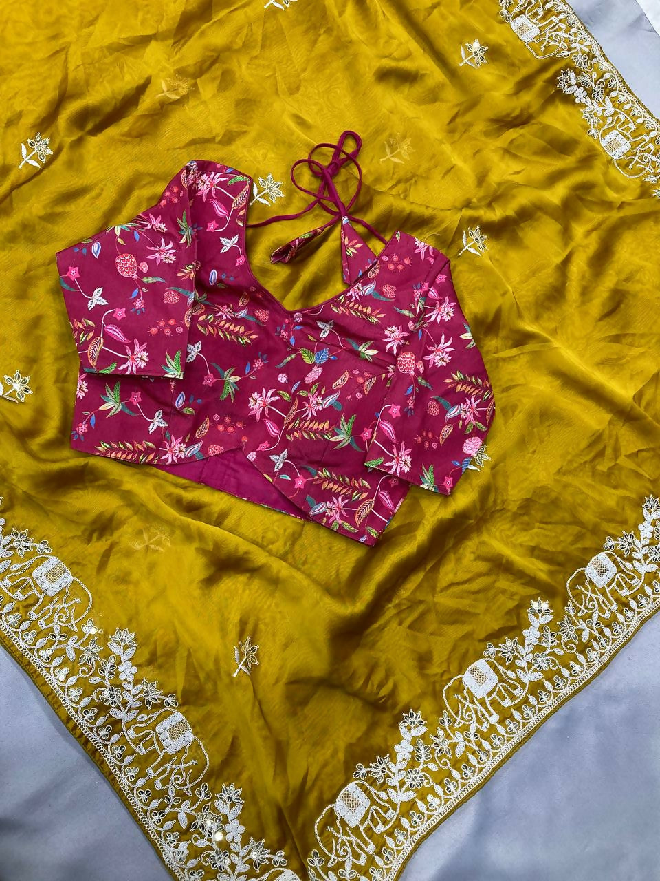 Teeya Creation New Trendy Party Wear Soft Satin Chiffon Saree-Yellow | Grocsy