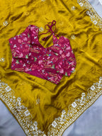 Teeya Creation New Trendy Party Wear Soft Satin Chiffon Saree-Yellow | Grocsy