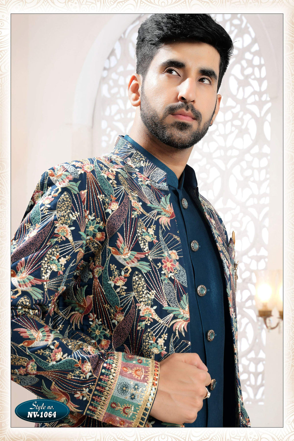 Joban Fashion Men's Blue Straight Silk Thread And Sequence Embroidery All Over 3 Pc Kurta Set | Grocsy