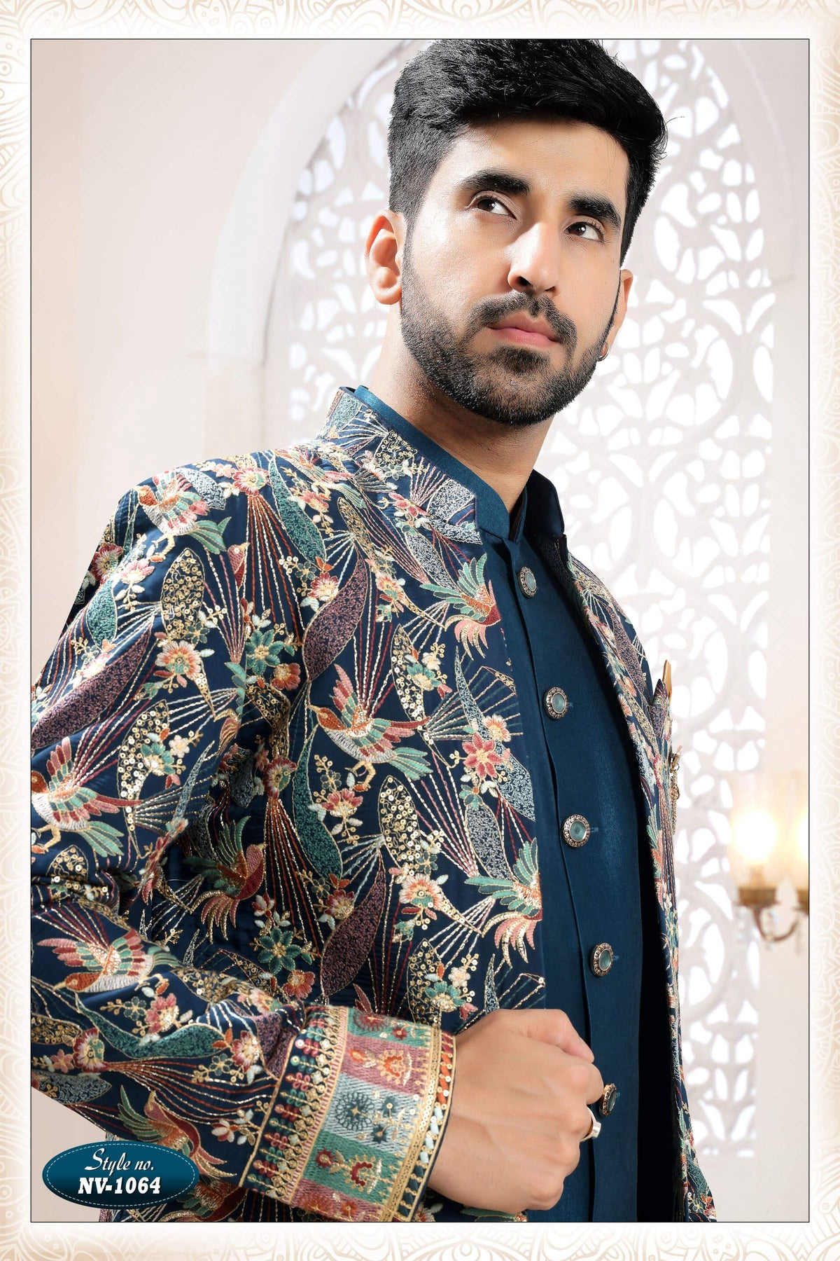 Joban Fashion Men's Blue Straight Silk Thread And Sequence Embroidery All Over 3 Pc Kurta Set | Grocsy