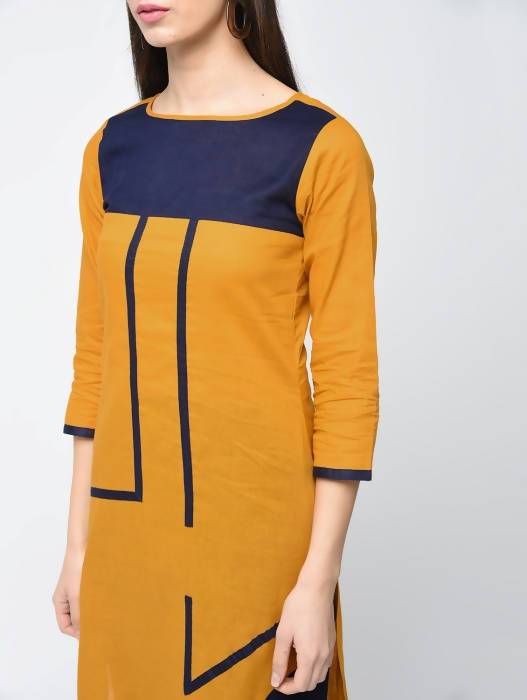 Aniyah Cotton Color Block Straight Kurta In Mustard Color (AN-102K) | Grocsy