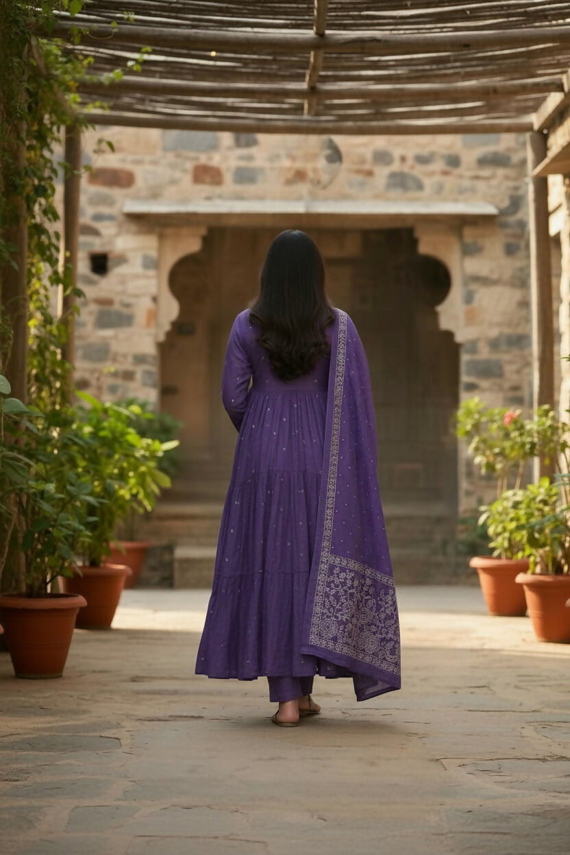 The52 Women's Beautiful Cotton Fabric Embroidery Work Flared Anarkali Pant and Dupatta Set | Grocsy