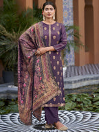 Jyoti Fashion Women's Purple Pure Silk Elegant Jacquard Woven Kurta with Trouser & Dupatta | Grocsy