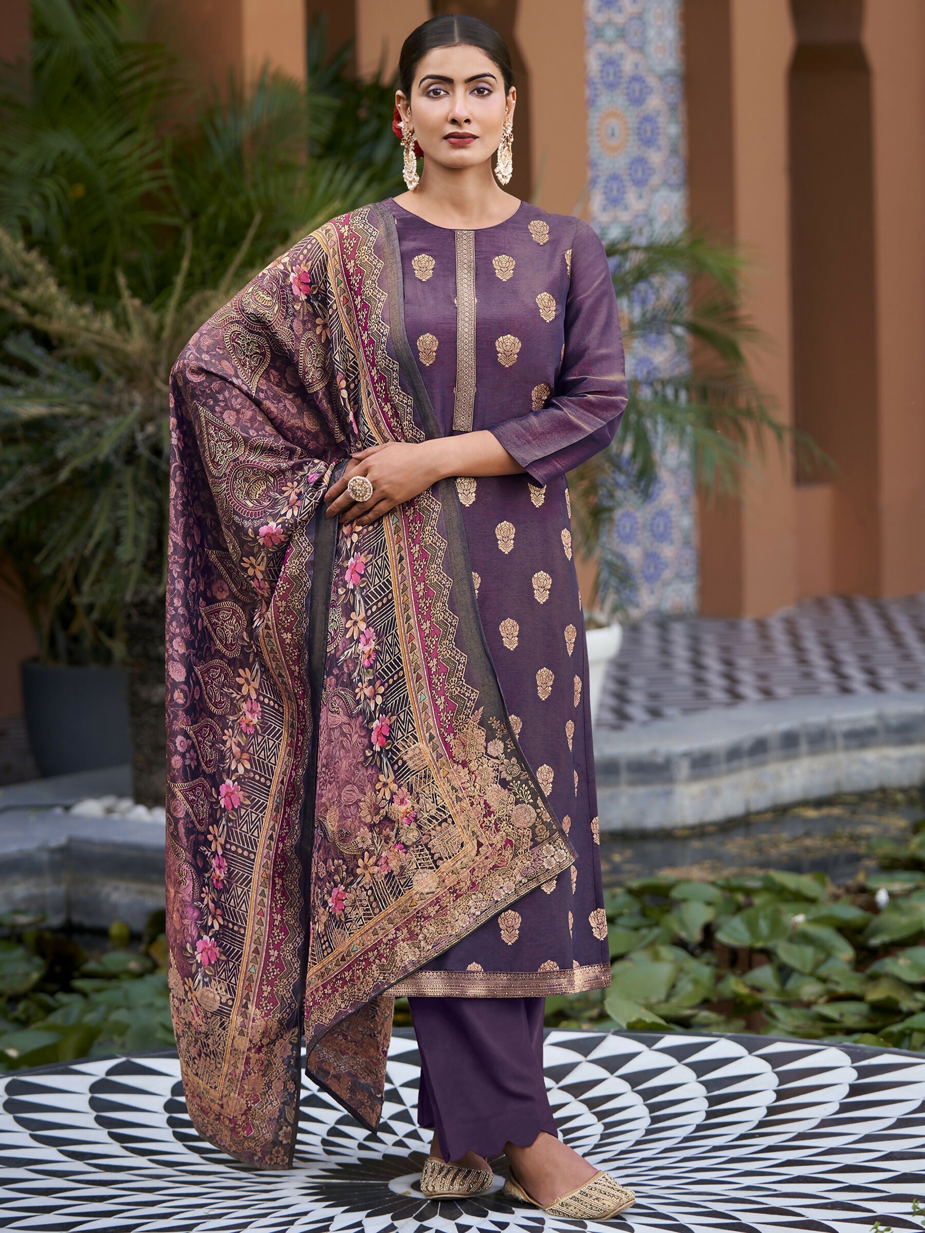 Jyoti Fashion Women's Purple Pure Silk Elegant Jacquard Woven Kurta with Trouser & Dupatta | Grocsy