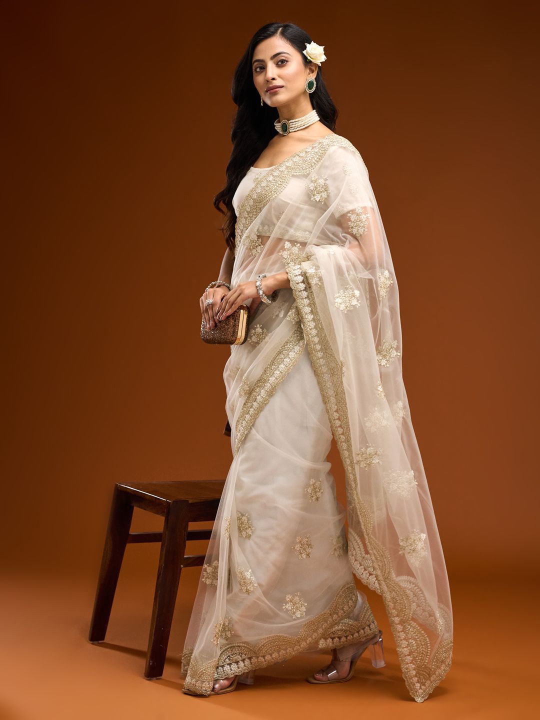 kasee Floral Embroidered Net Saree | Grocsy