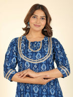 Aramya Straight Soft Cotton Ikat Print Women's Kurta - Blue | Grocsy