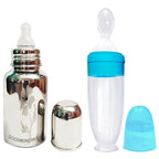Goodmunchkins Stainless Steel Feeding Bottle With Spoon Food Feeder for Baby Anti Colic Silicon Nipple Feeder 300 ml Combo Pack-Blue | Grocsy