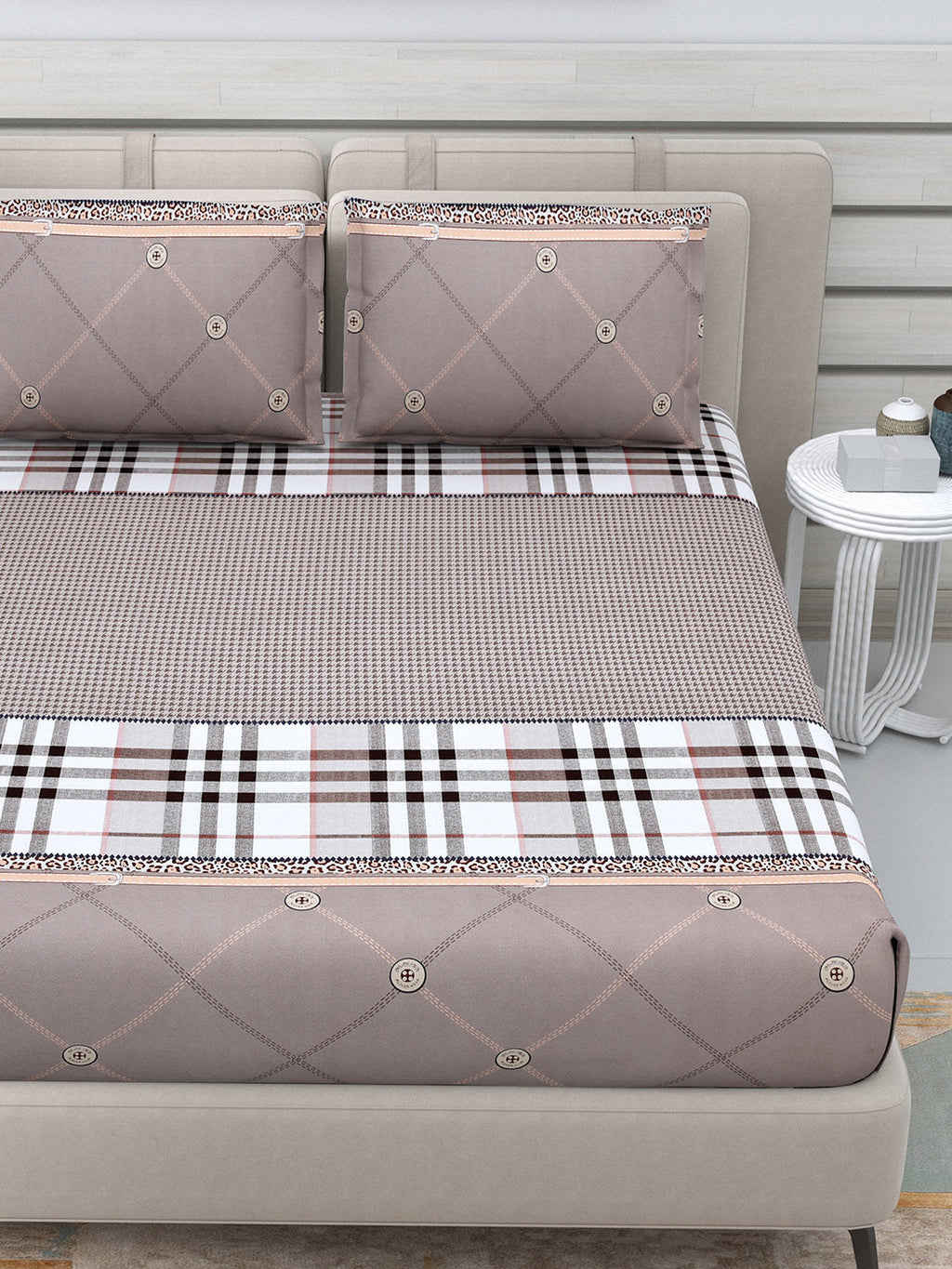 DREAM WEAVERZ Beige Checked 220 TC Glazed Cotton Bedsheet with Pillow Covers | Grocsy