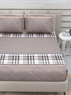 DREAM WEAVERZ Beige Checked 220 TC Glazed Cotton Bedsheet with Pillow Covers | Grocsy