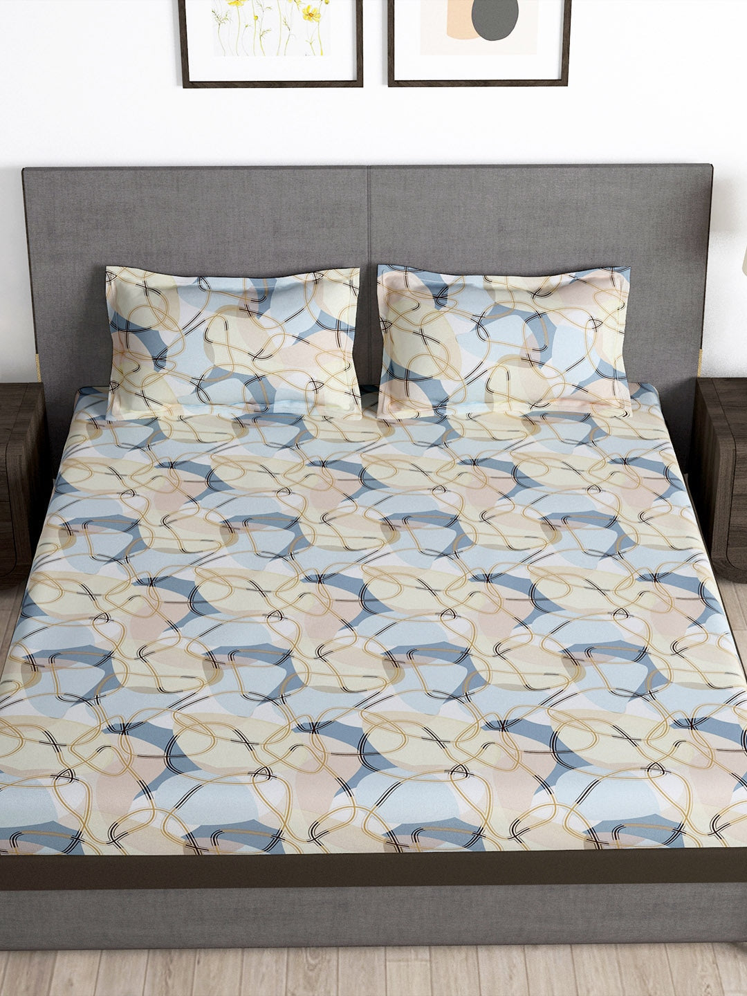 Story@home Arena Cream-Coloured & Grey Printed 180 TC Bedsheet & Pillow Covers | Grocsy