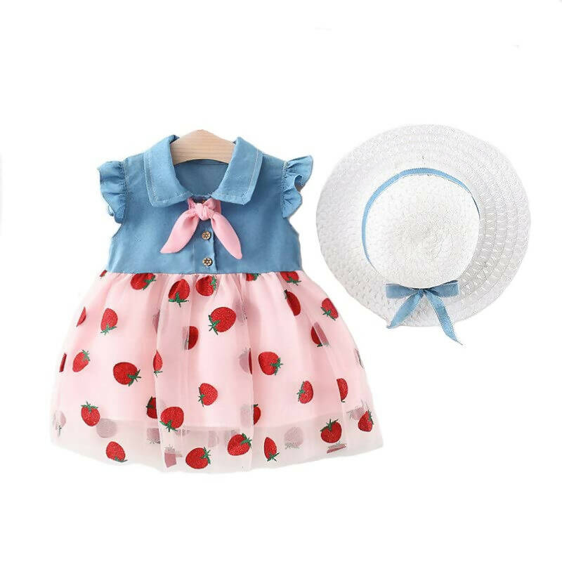 Bold N Elegant Cap Sleeve Denim Embroidered Midi Party Dress Frock with Hat Dress - Strawberry Pink | Grocsy