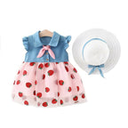Bold N Elegant Cap Sleeve Denim Embroidered Midi Party Dress Frock with Hat Dress - Strawberry Pink | Grocsy
