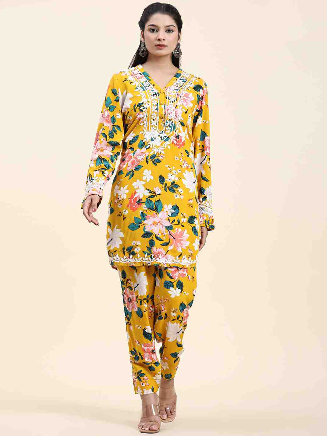 HOUSE OF KARI Floral Printed Chikankari Regular Straight Pure Cotton Kurta with Trousers | Grocsy