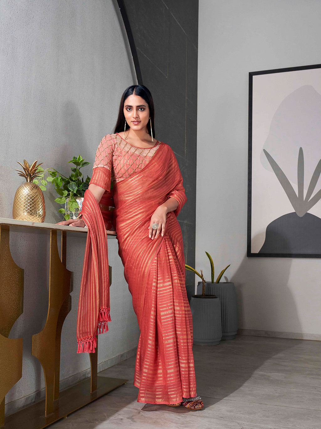 Tikhi Imli Striped Chiffon Ready to Wear Saree | Grocsy